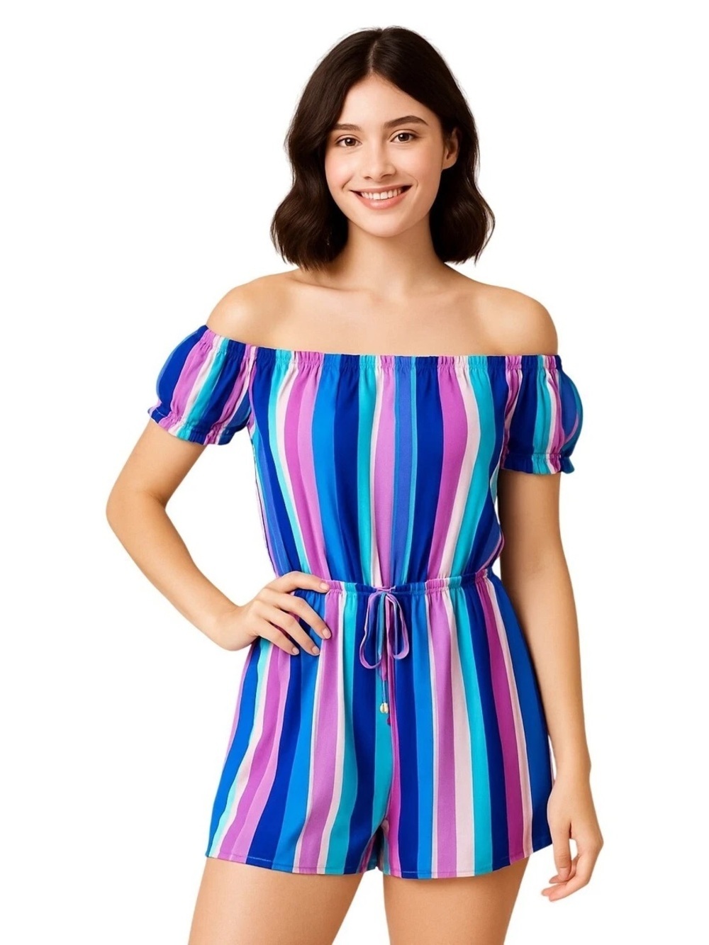 Bebop Romper XS Multicolor Off Shoulder Striped Drawstring Waist Modern Boho .